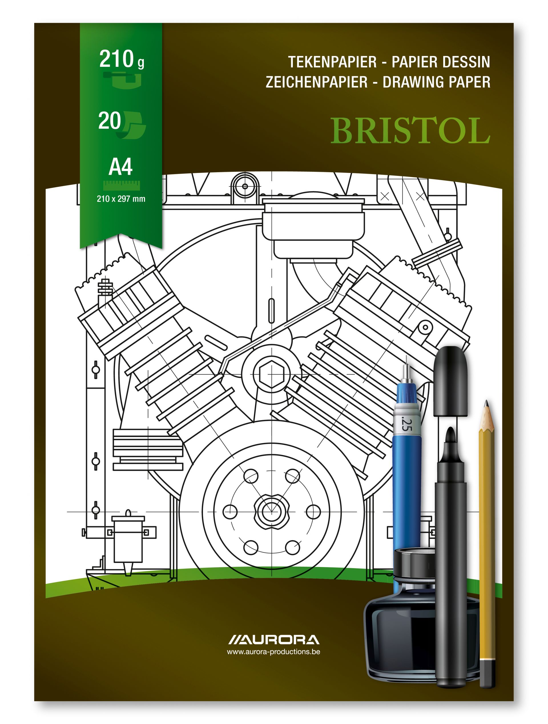 Bloc desen A4, 20 file - 210g/mp, pentru schite creion/marker, Aurora Bristol