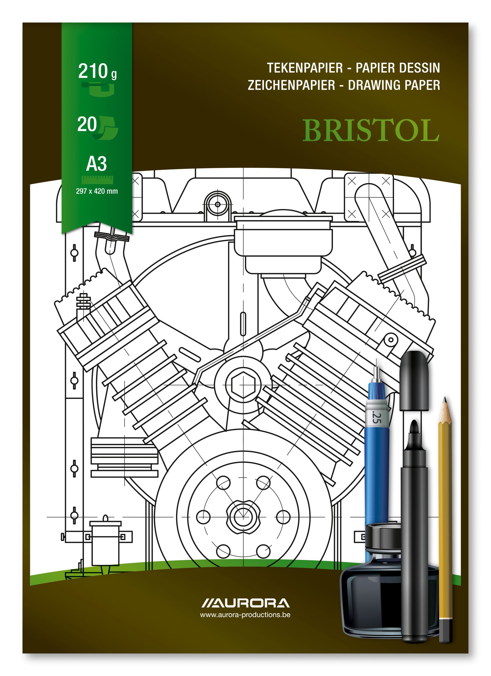 Bloc desen A3, 20 file - 210g/mp, pentru schite creion/marker, Aurora Bristol