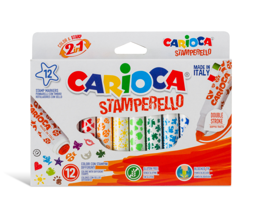 Set 12 markere lavabile, cu 12 stampile diverse forme, cutie carton, Carioca Stamp markers