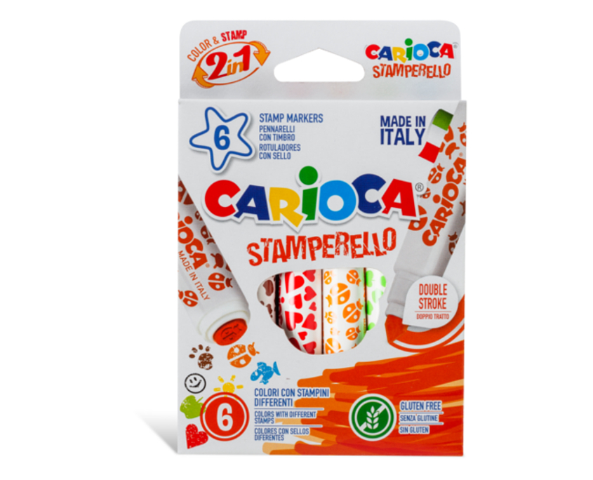 Set  6 markere lavabile, cu 6 stampile diverse forme, cutie carton, Carioca Stamp markers