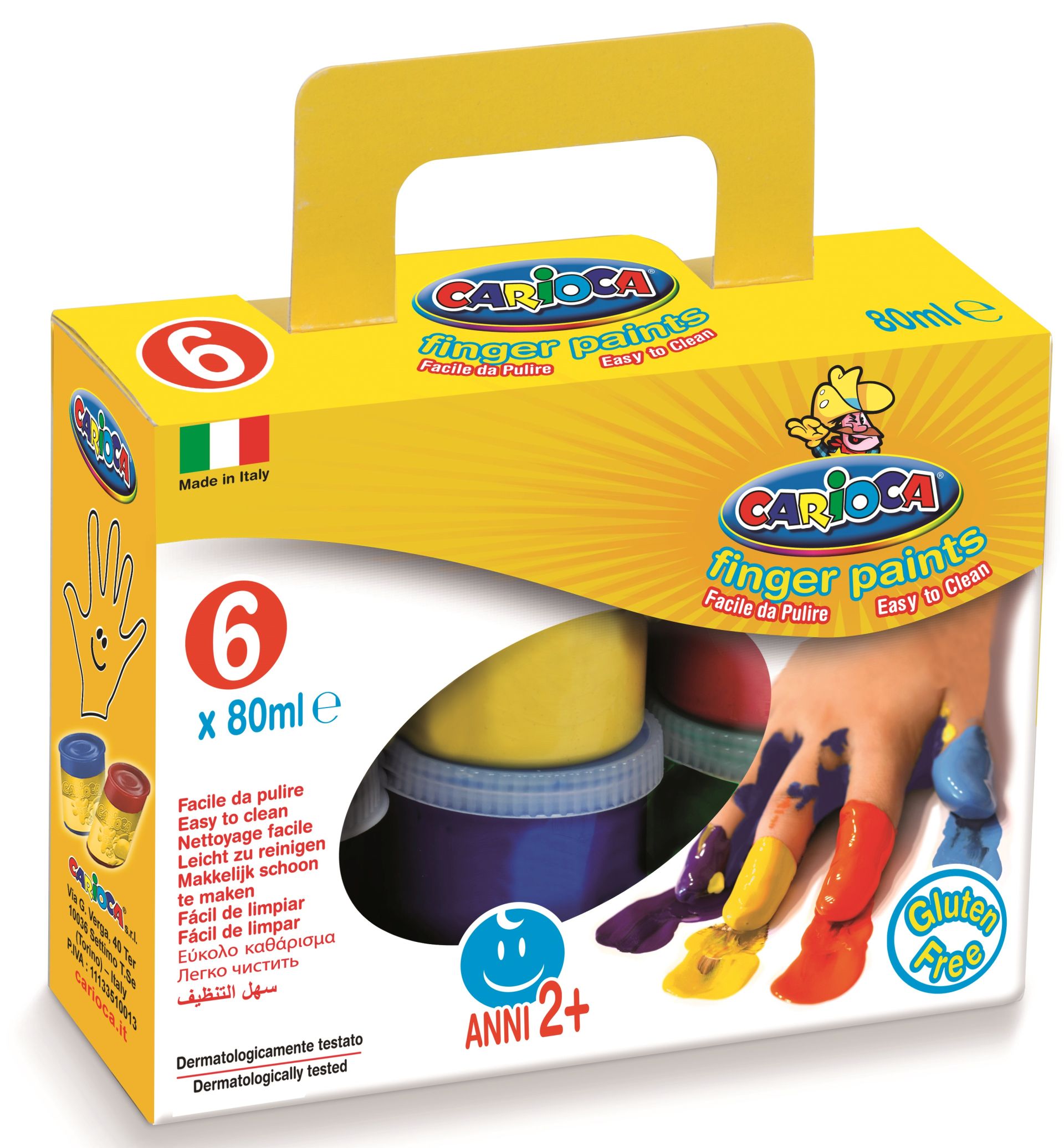 Tempera lavabila, pentru pictura cu mana, 6 culori x 80ml/set, CARIOCA Finger Paint