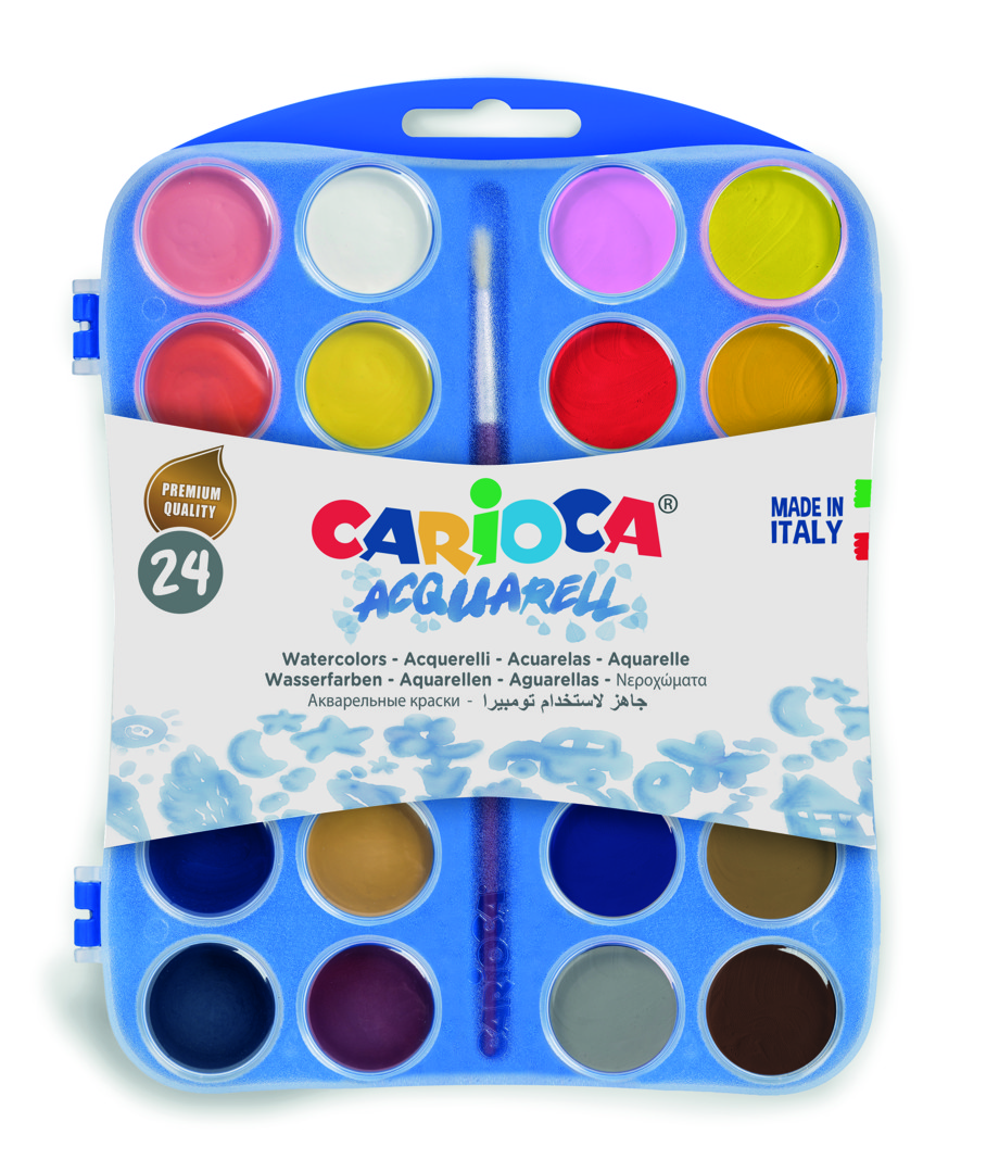 Acuarele lavabile, 24 culori/cutie cu  2 pensule, Carioca Aquarell