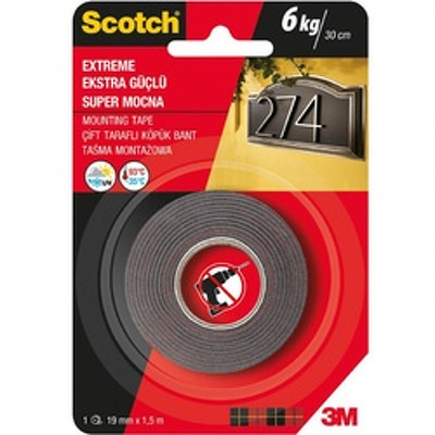 Banda dublu adeziva buretata, 19mm x 1.5m, pt. interior, sustine 2kg/30cm, SCOTCH - neagra