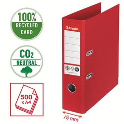 Biblioraft Esselte No.1 Power Recycled, carton CO2 neutru, 100% reciclat, FSC, A4, 75 mm, rosu