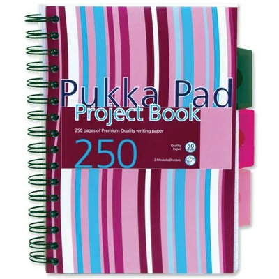 Caiet cu spirala si separatoare Pukka Pads Project Book Stripes A5, dictando, roz, 125 file, 250 pagini