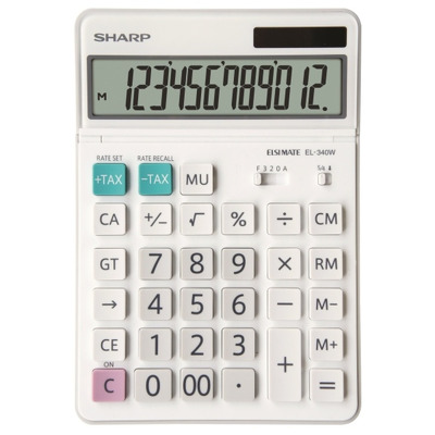 Calculator de birou, 12 digits, 189 x 127 x 18 mm, dual power, ecran rabatabil, Sharp EL-340W - alb