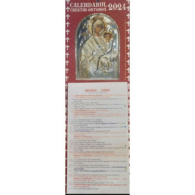 Calendar de perete 2024, Crestin-Ortodox, cu foi detasabile, Maica Domnului cu Pruncul in brate (visiniu)