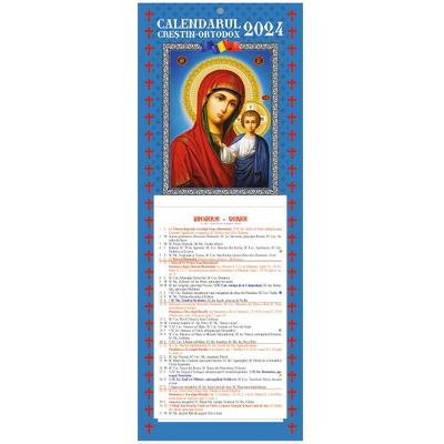 Calendar de perete 2024, Crestin-Ortodox, cu foi detasabile, Maica Domnului din Kazan (albastru)