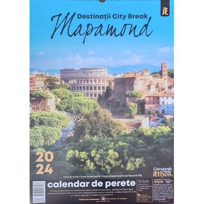 Calendar de perete A3 cu spira metalica si agatatoare 2024. Mapamond, destinatii city break