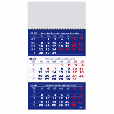 Calendar triptic A3 2026 12 file hartie lucioasa, albastru