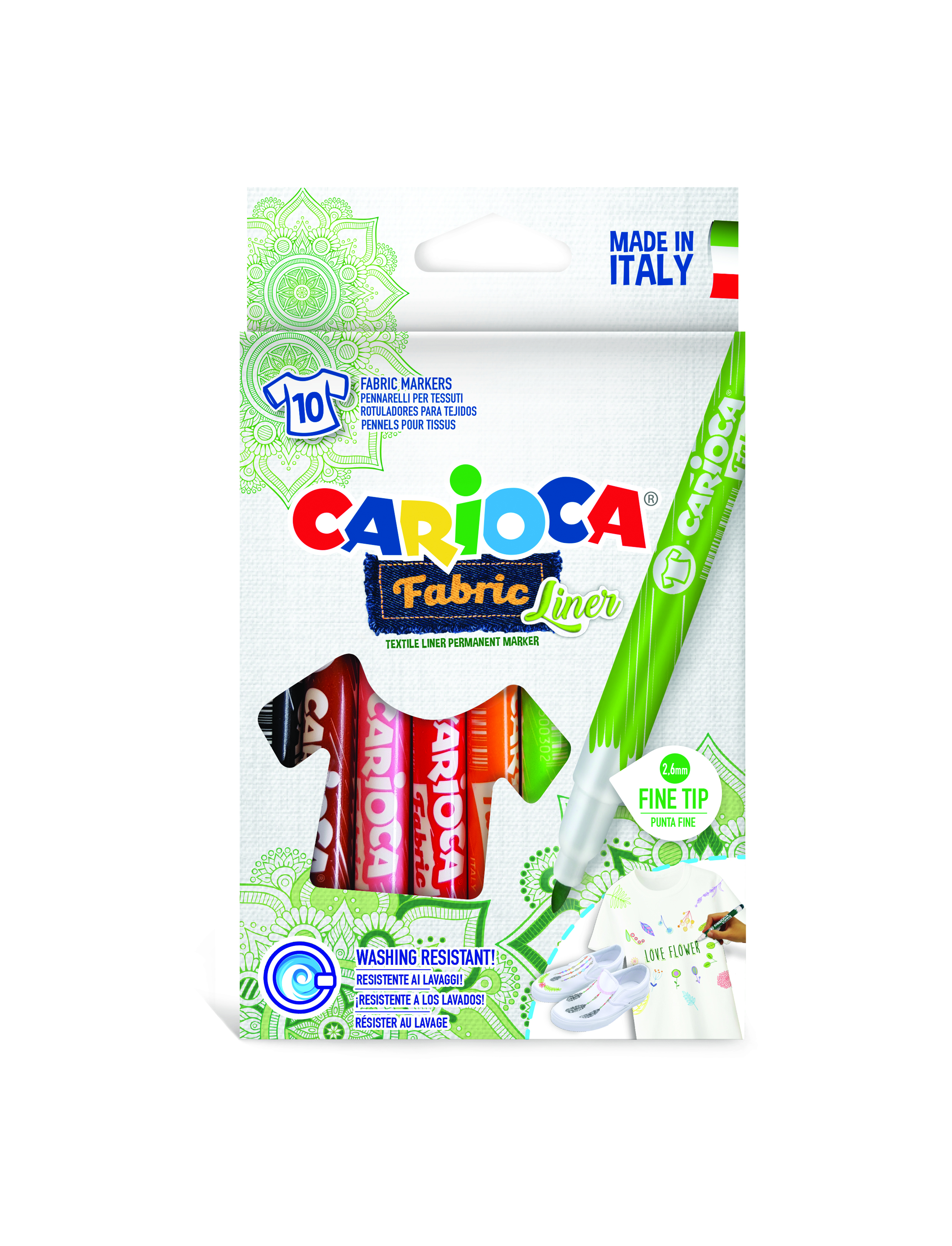 Carioca pentru textile, varf subtire - 2.6mm, rezistent la spalare, 10 culori/cutie, Carioca Fabric
