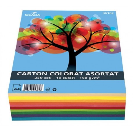 Carton colorat, 10 culori, 160g/mp A4 250 coli, Ecada