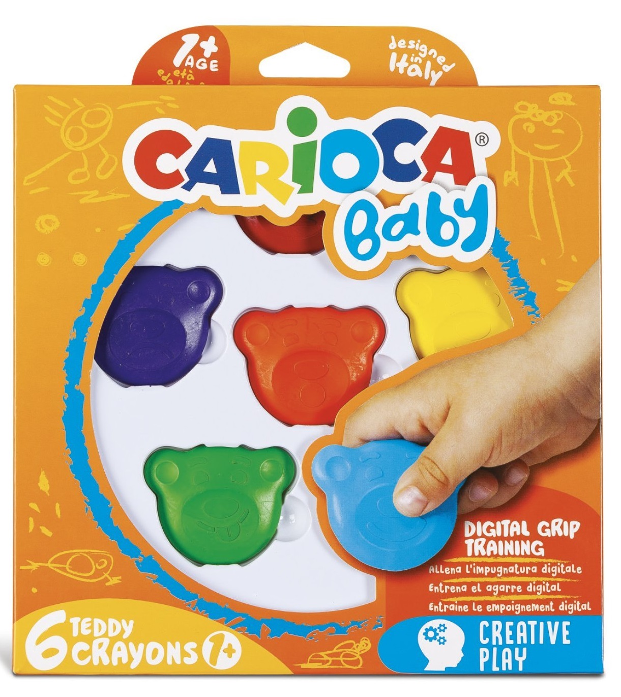 Creioane cerate, forma - cap Teddy Bear, 6 culori/cutie, Carioca Baby Teddy Crayons 1