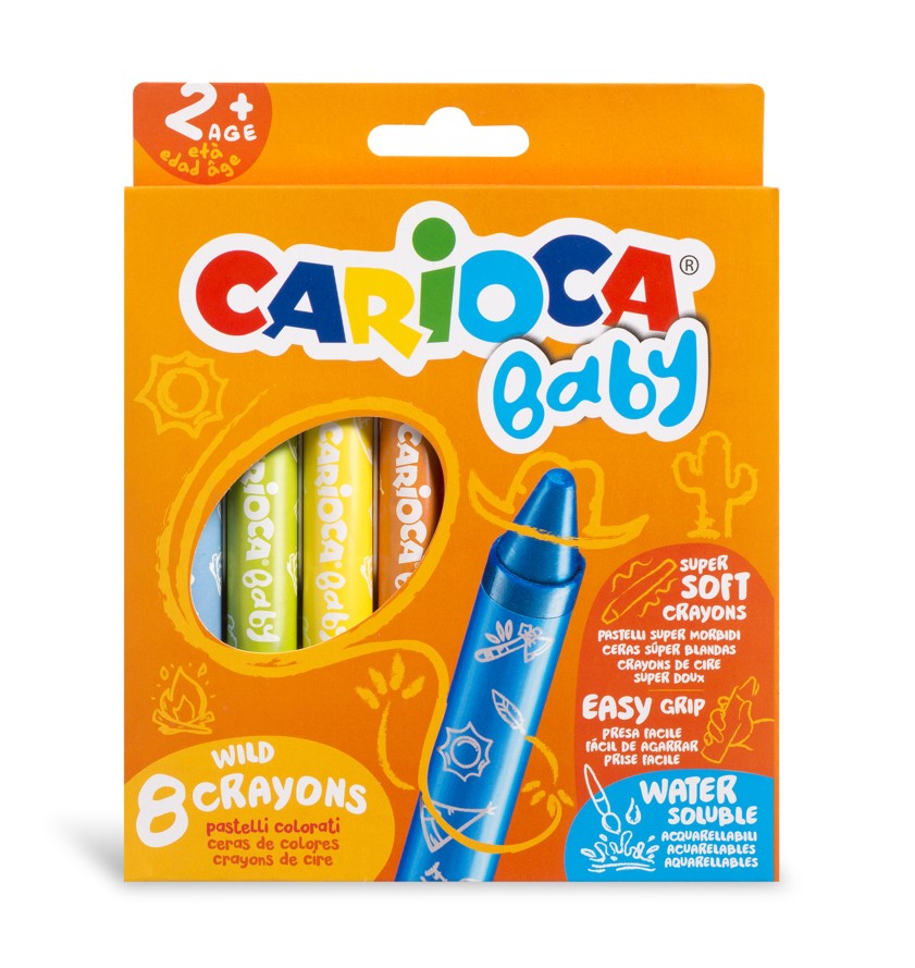 Creioane cerate, rotunde, solubile in apa, 8 culori/cutie, Carioca Baby Wild Crayons 2
