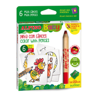 Creioane colorate, 6 culori/set si 6 carduri cu animale, pt. colorat, ALPINO Baby - Maxi