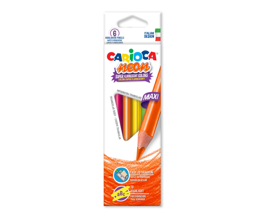 Creioane colorate Carioca Maxi Neon, triunghiulare, super fluorescente, 6 culori/cutie