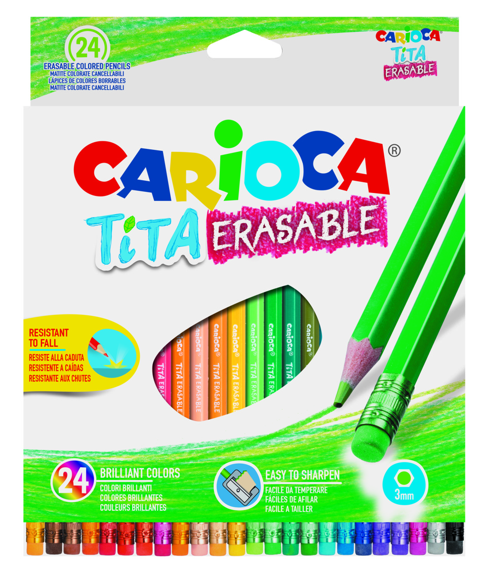 Creioane colorate Carioca Tita Erasable, hexagonale, flexibile, erasable, 24 culori/cutie, cu guma