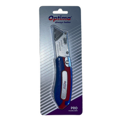 Cutter Optima Pro, lama trapezoidala si 2 rezerve SK5, pliabil, clips curea, zinc cu rubber grip