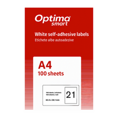 Etichete albe autoadezive 21/A4, 63.5 x 38.1 mm, 100 coli/top, Optima Smart - colturi rotunjite