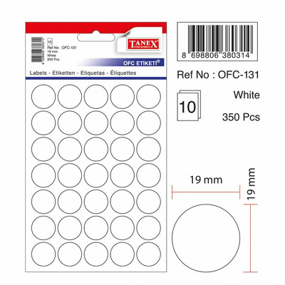 Etichete autoadezive albe, D19 mm, 350 buc/set, Tanex