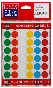 Etichete autoadezive color mix, D16 mm, 240 buc/set, Tanex - culori asortate