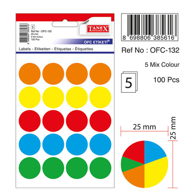 Etichete autoadezive color mix, D25 mm, 100 buc/set, Tanex - culori asortate