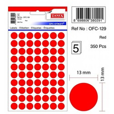 Etichete autoadezive rotunde, D13 mm, 350 buc/set, TANEX, rosu fosforescent