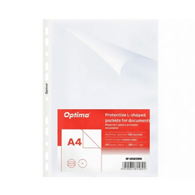Folie protectie L pentru documente A4, 120 microni, 100 folii/set, Optima - cristal