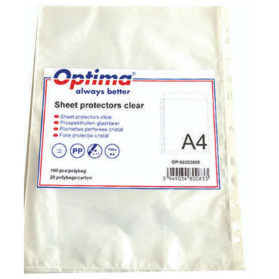 Folie protectie pentru documente A4, 40 microni, 100/set, Optima - cristal