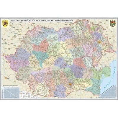 Harta administrativa, fara sipci, Romania si Republica Moldova. Dimensiuni 1400x1000mm