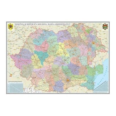 Harta administrativa, harta de contur pe verso, Romania si Republica Moldova. Dimensiuni 500x350mm, fara sipci