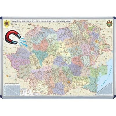 Harta administrativa magnetica pe suport rigid, Romania si Republica Moldova. Dimensiuni 1400x1000 mm