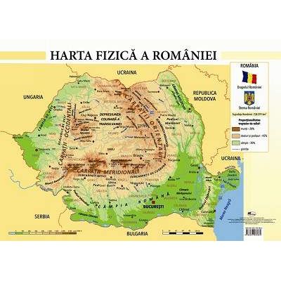 Harta fizica a Romaniei - Plansa format A4