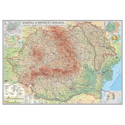 Harta fizica, administrativa si a substantelor minerale utile, fara sipci, Romania si Republica Moldova. Dimensiuni 1400x1000 mm