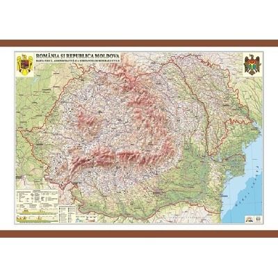 Harta fizica, administrativa si a substantelor minerale utile, Romania si Republica Moldova. Dimensiuni 1400x1000 mm