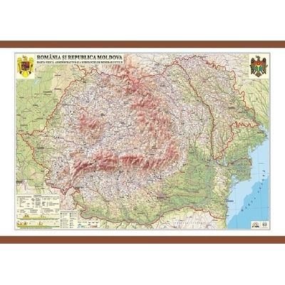 Harta fizica, administrativa si a substantelor minerale utile, Romania si Republica Moldova. Dimensiuni 1600x1200 mm