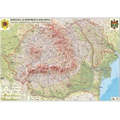 Harta fizica, administrativa si a substantelor minerale utile, Romania si Republica Moldova. Dimensiuni 700x500 mm