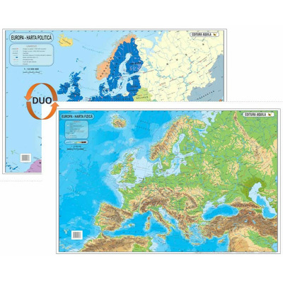 Harta fizica si administrativa Europa, laminata (fata-verso), dimensiuni 120 x 160 cm
