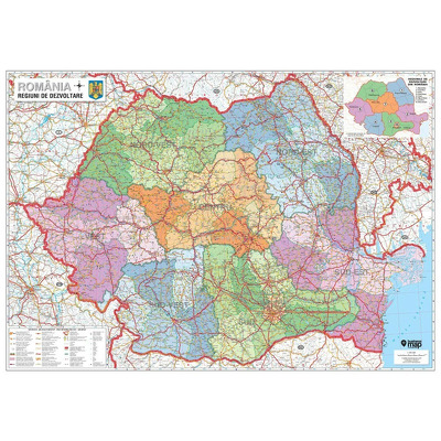 Harta regiunilor de dezvoltare din Romania. Dimensiune 140x100cm, cu sipci din lemn