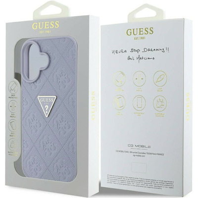 Husa Guess Leather Hot Stamp 4G Pattern Triangle Metal Logo pentru iPhone 16, mov deschis