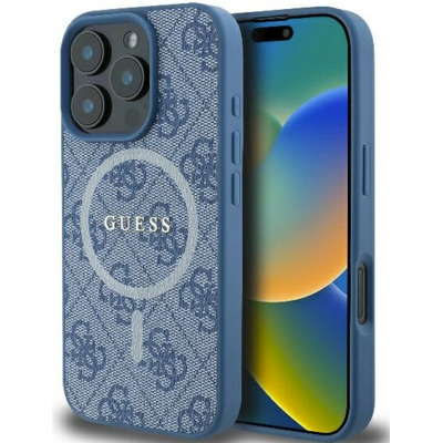Husa pentru iPhone 16 Pro, Guess 4G Ring Classic Logo MagSafe (albastru)