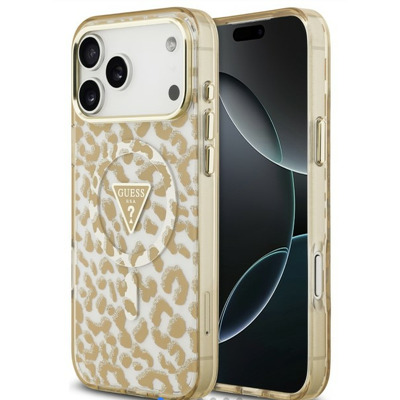 Husa pentru iPhone 17 Pro, Guess Leopard Glitter MagSafe, maro