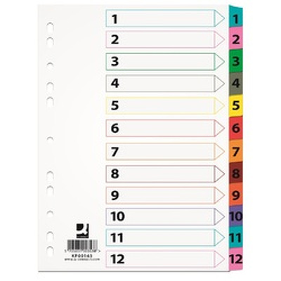 Index carton alb Mylar numeric 1-12, margine PP color, A4, 170g/mp