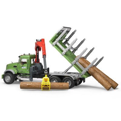 Jucarie Utilaj Camion Lemne Mack Granite, cu Macara de Incarcare, Graifer si 3 Busteni