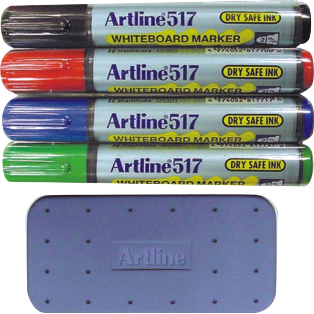 Kit markere tabla de scris si burete magnetic cu 25ml lichid curatare, 4 culori/set, varf rotund