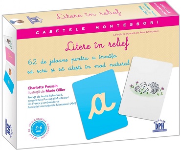 Litere in relief - Caseta Montessori cu 62 de jetoane pentru a invata sa scrii si sa citesti in mod natural