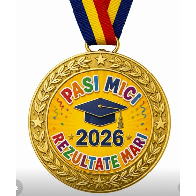 Medalie cu mesajul: Absolvent 2026 - Pasi mici, rezultate mari