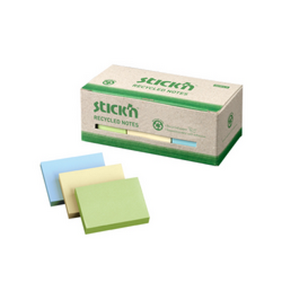 Notes autoadeziv 38 x 51 mm, 12 x 100 file/set, Stickn - 3 culori pastel - hartie reciclata