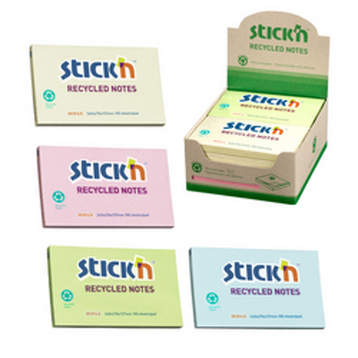 Notes autoadeziv 76 x 127 mm, hartie reciclata, 100 file, 12 buc/cutie, Stickn %u2013 4 culori pastel