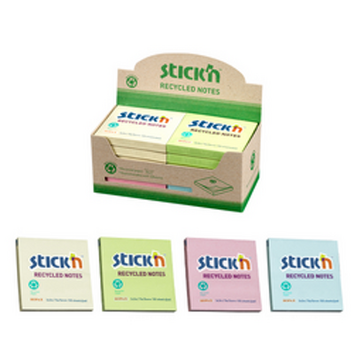 Notes autoadeziv 76 x 76 mm, hartie reciclata, 100 file, 12 buc/cutie, Stickn %u2013 galben pastel